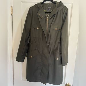 Halogen Hooded Army Green Mid Length Trench Coat